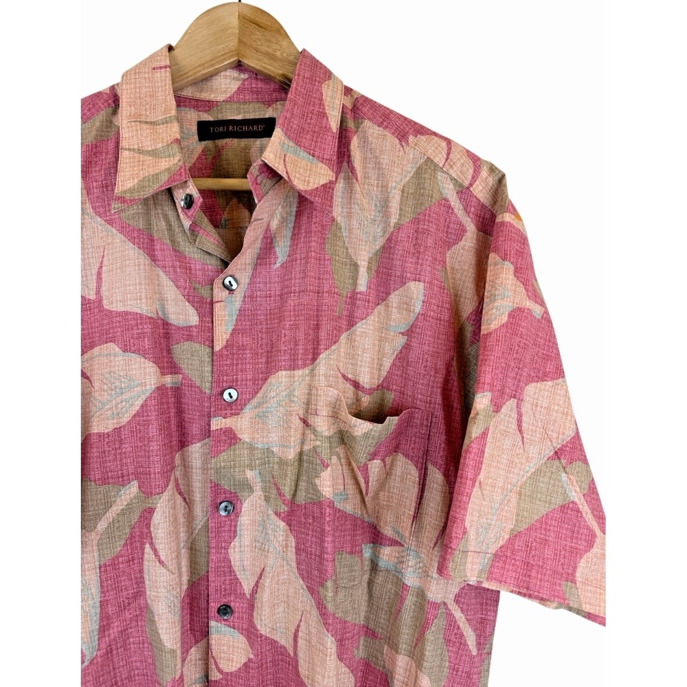 Tori Richard Hawaiian Shirt Men's L Camp Cotton Lawn Pink Palm Leaf Made USA